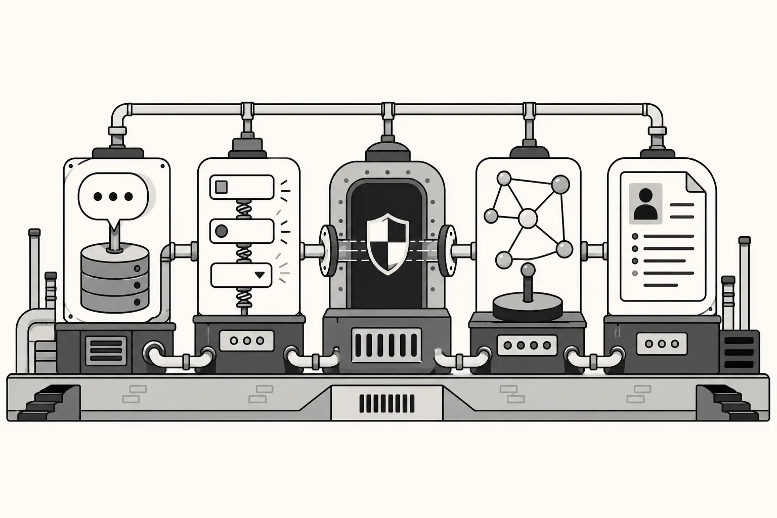 Fábrica modular que conecta datos, formularios, túneles, contexto de IA y documentos
